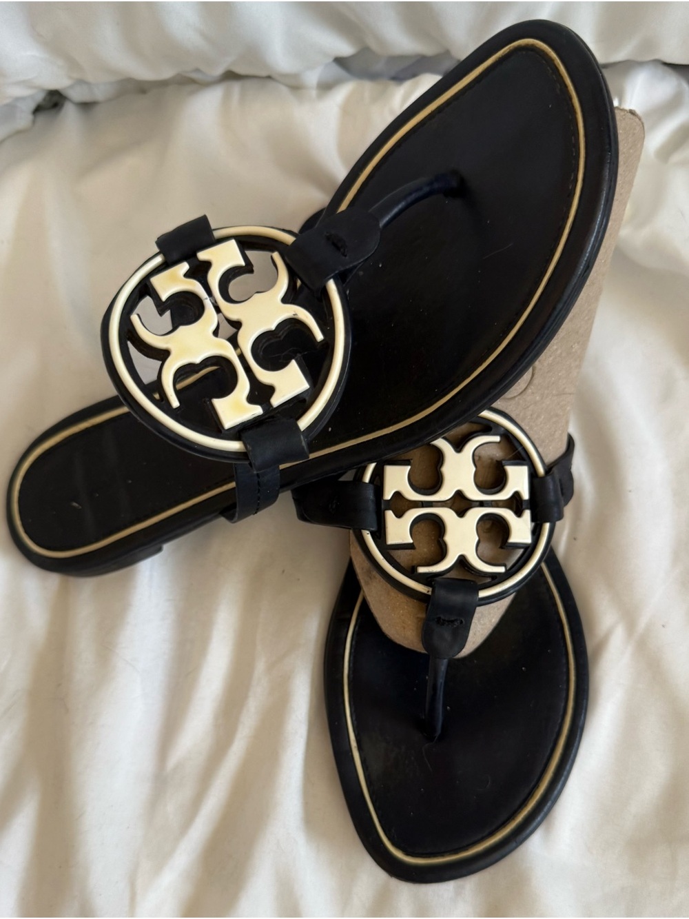 Tory Burch Miller Sandals Black Cream Logo Thong Flip Flops Womens 8